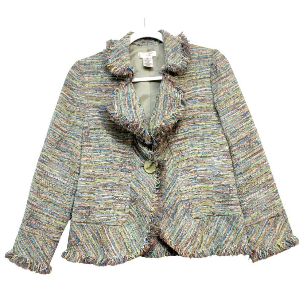 Laura Ashley Blazer Jacket Size Petite Small Woven Textured Fringe Preppy Artsy